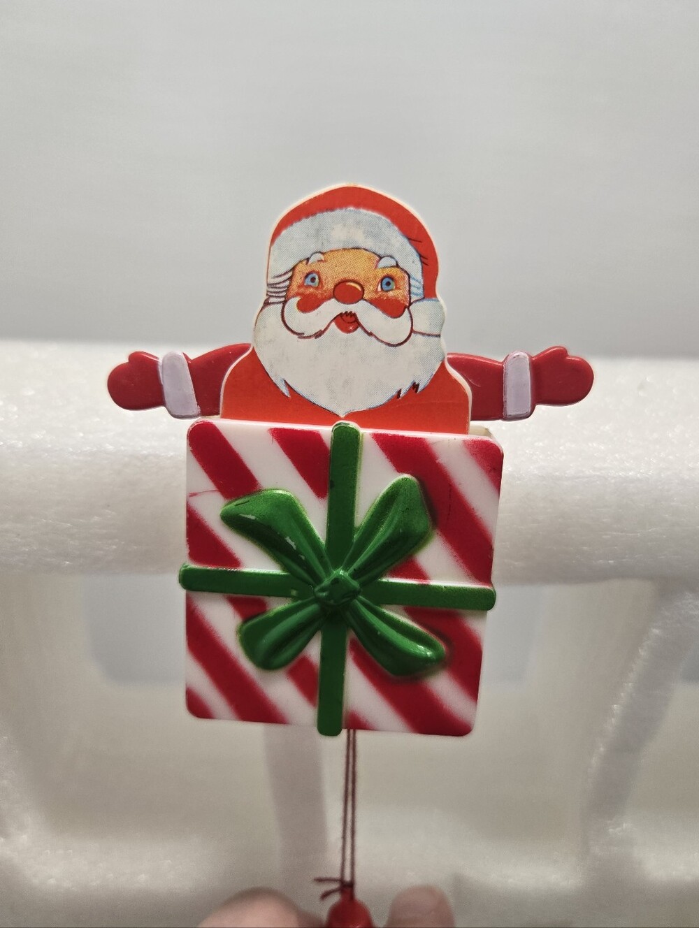 Vtg Plastic Pin Santa Pull String Pop Up Toy Red Striped Gift Present